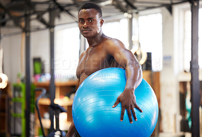 Buy stock photo Black man, exercise ball and gym portrait for fitness, training and workout. Sports or athlete person train for health and wellness or strong power, energy and bodybuilder muscle growth goals