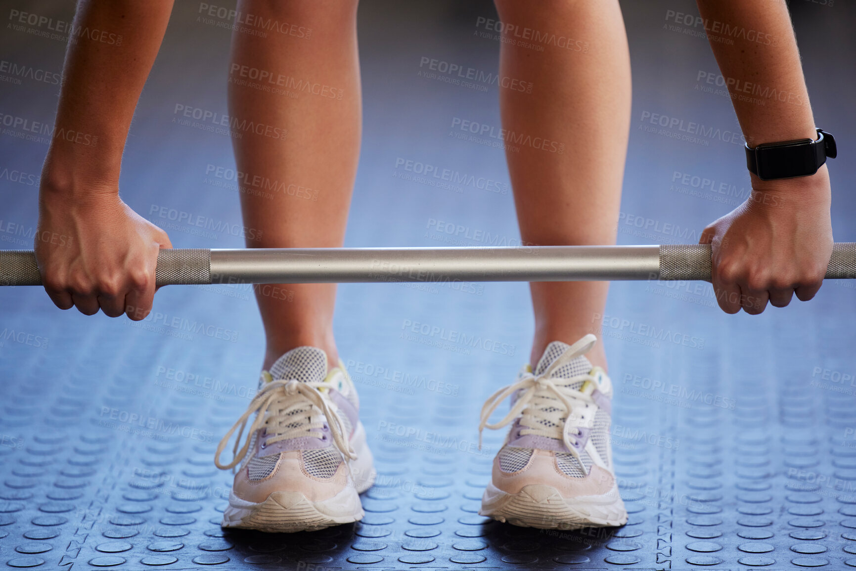 Buy stock photo Barbell, hands and woman exercise on floor for fitness, workout and sports challenge in gym. Closeup female athlete, bodybuilder and heavy weights on ground for deadlift, wellness and muscle power