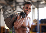 Black man in fitness portrait and bodybuilder with gym bag smile and strong with muscle training mockup. Happy person after workout, cardio and muscular, health and active lifestyle with bodybuilding