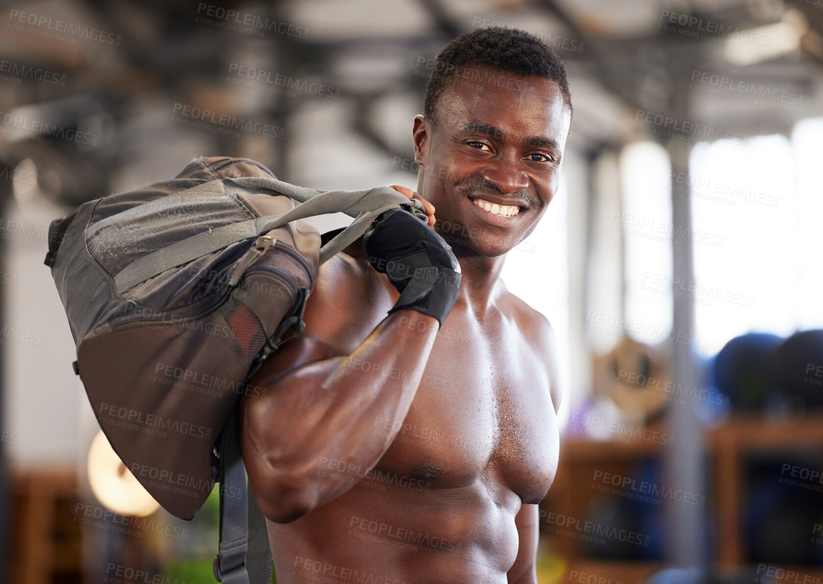 Buy stock photo Black man in fitness portrait and bodybuilder with gym bag smile and strong with muscle training mockup. Happy person after workout, cardio and muscular, health and active lifestyle with bodybuilding