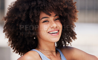 Buy stock photo Beauty, smile and portrait of a happy black woman with an afro with a positive, good and optimistic mindset. Happiness, excited and face of beautiful African female smiling with natural healthy hair.