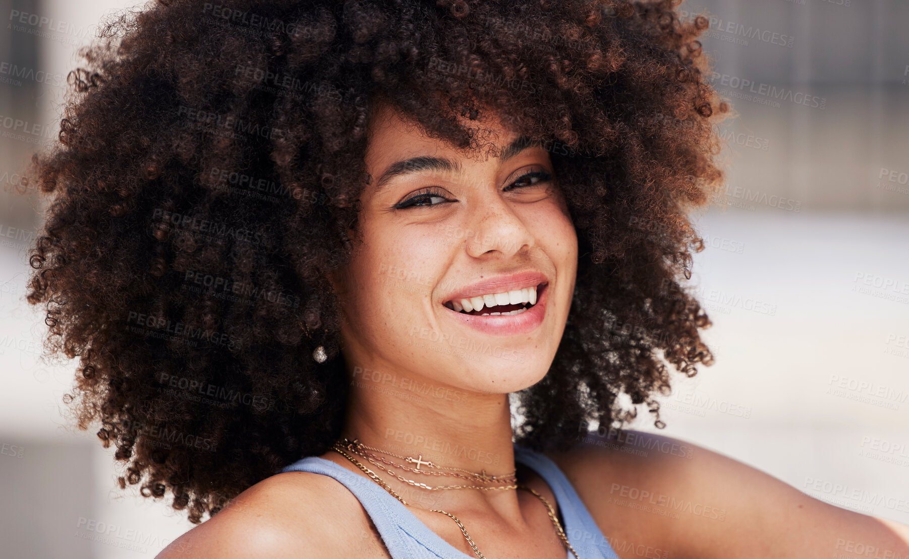 Buy stock photo Beauty, smile and portrait of a happy black woman with an afro with a positive, good and optimistic mindset. Happiness, excited and face of beautiful African female smiling with natural healthy hair.