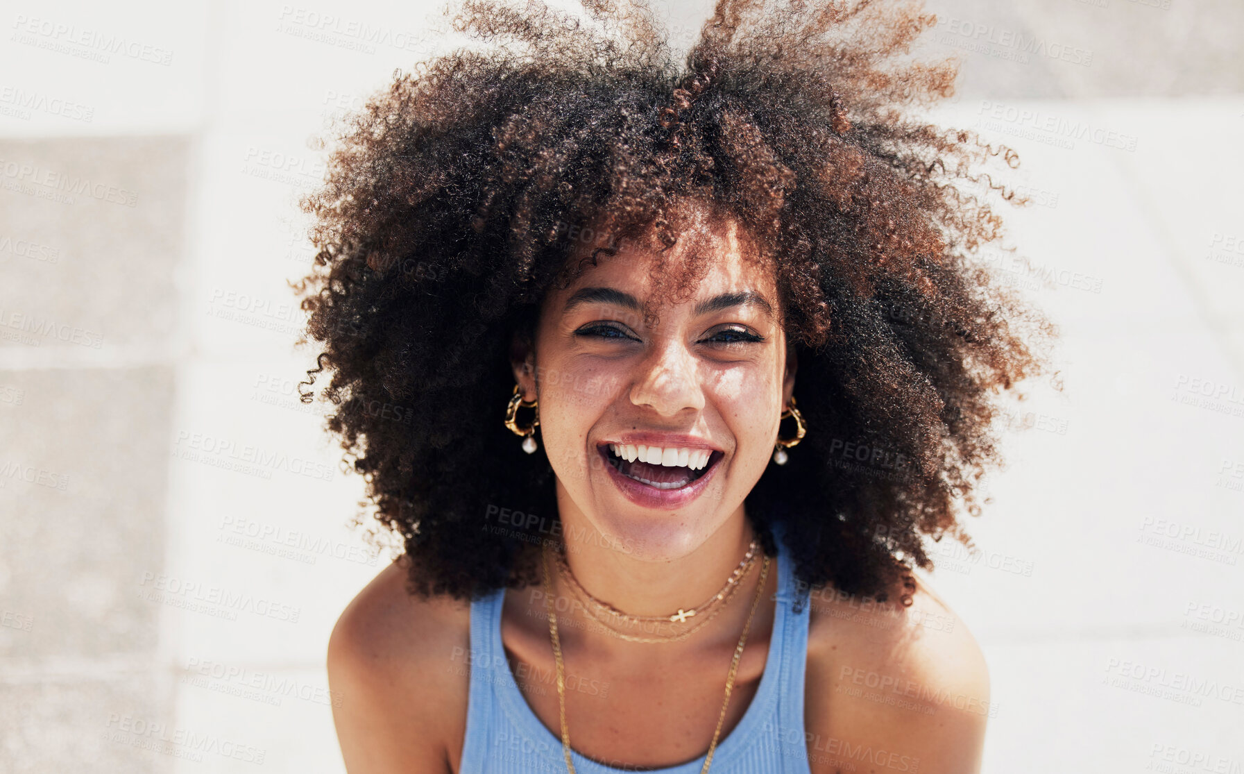 Buy stock photo Black woman, happy in portrait with fashion and beauty outdoor, street style with natural hair, makeup and jewelry. Freedom, happiness and mockup with afro, person in Cape Town with mindset and glow