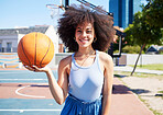 Fashion, basketball and portrait of black woman with smile on court with trendy, urban style and edgy clothes in city. Sports, fitness and girl outdoors with ball for freedom, energy and cool outfit