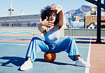 Basketball, fashion and frame of hands of black woman on court with trendy, urban style and cool clothes in city. Sports, fitness and portrait of girl outdoors with ball for freedom, energy and relax