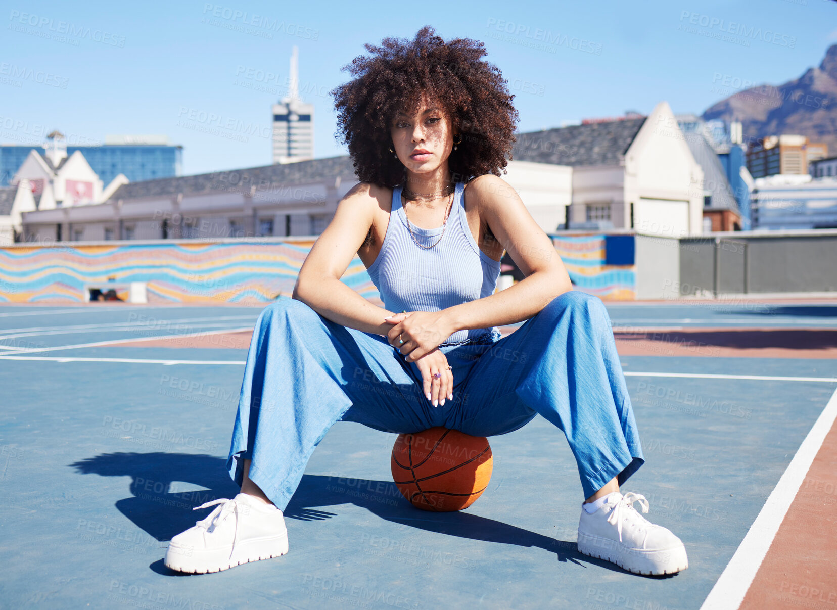 Buy stock photo Fashion, city and portrait of black woman with basketball court with trendy, urban style and edgy clothes. Sports, fitness park and girl pose outdoors with ball with confidence and attitude