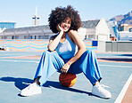 Basketball court, fashion and portrait of black woman with smile in trendy, urban style and edgy clothes in city. Sports, fitness and happy girl outdoors with ball for freedom, energy and confidence