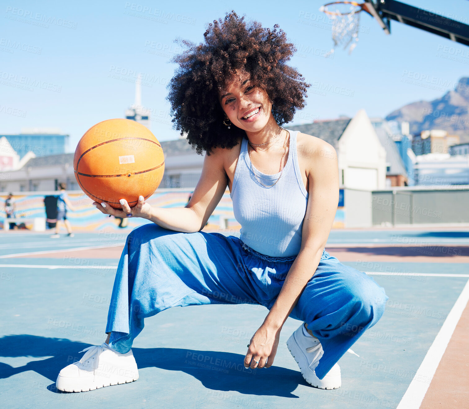 Buy stock photo Fashion, basketball court and portrait of black woman with smile in trendy, urban style and edgy clothes in city. Sports, fitness and girl model outdoors with ball for freedom, energy and confidence