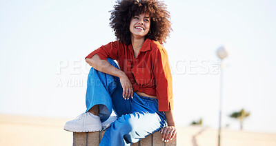 Buy stock photo Fashion, travel and happy with black woman in city for freedom, youth and urban lifestyle. Relax, motivation and happiness with face of girl laughing in outdoor for creative, summer and celebration