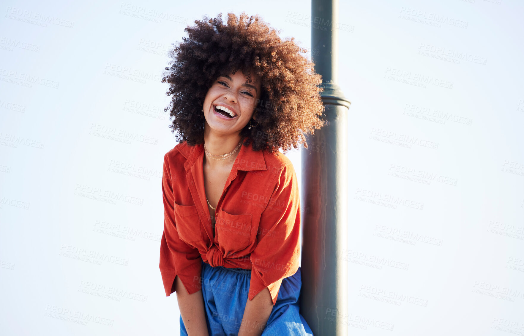 Buy stock photo Happy woman, outdoor portrait and fashion on a blue sky background with summer mock up space. Face of beauty model person with natural hair, happiness and unique style for freedom and cosmetics