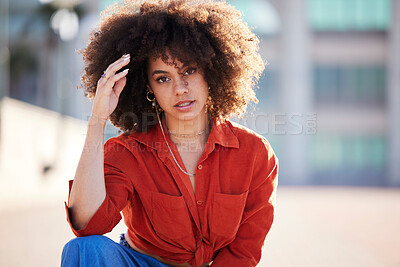Buy stock photo Portrait of black woman with afro, urban and fashion for trendy gen z style and attitude in summer weekend. Beauty, city lifestyle and funky girl with serious face and hip hop streetwear in Brazil.