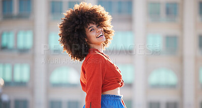 Buy stock photo Fashion, happy and smile with black woman in city for freedom, youth and urban lifestyle. Relax, motivation and happiness with face of girl laughing in outdoor for peace, summer and wellness
