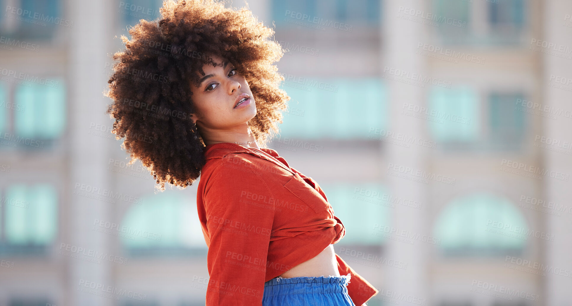 Buy stock photo Street fashion, portrait of black woman with afro, urban gen z in trendy style and attitude in summer weekend. Beauty, city lifestyle and funky girl with serious face and hip hop streetwear in Brazil