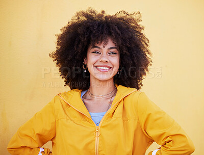 Buy stock photo Portrait, fashion and happy with an afro black woman in studio on a yellow background for style. Trendy, hair and smile with an attractive young female posing alone on product placement space