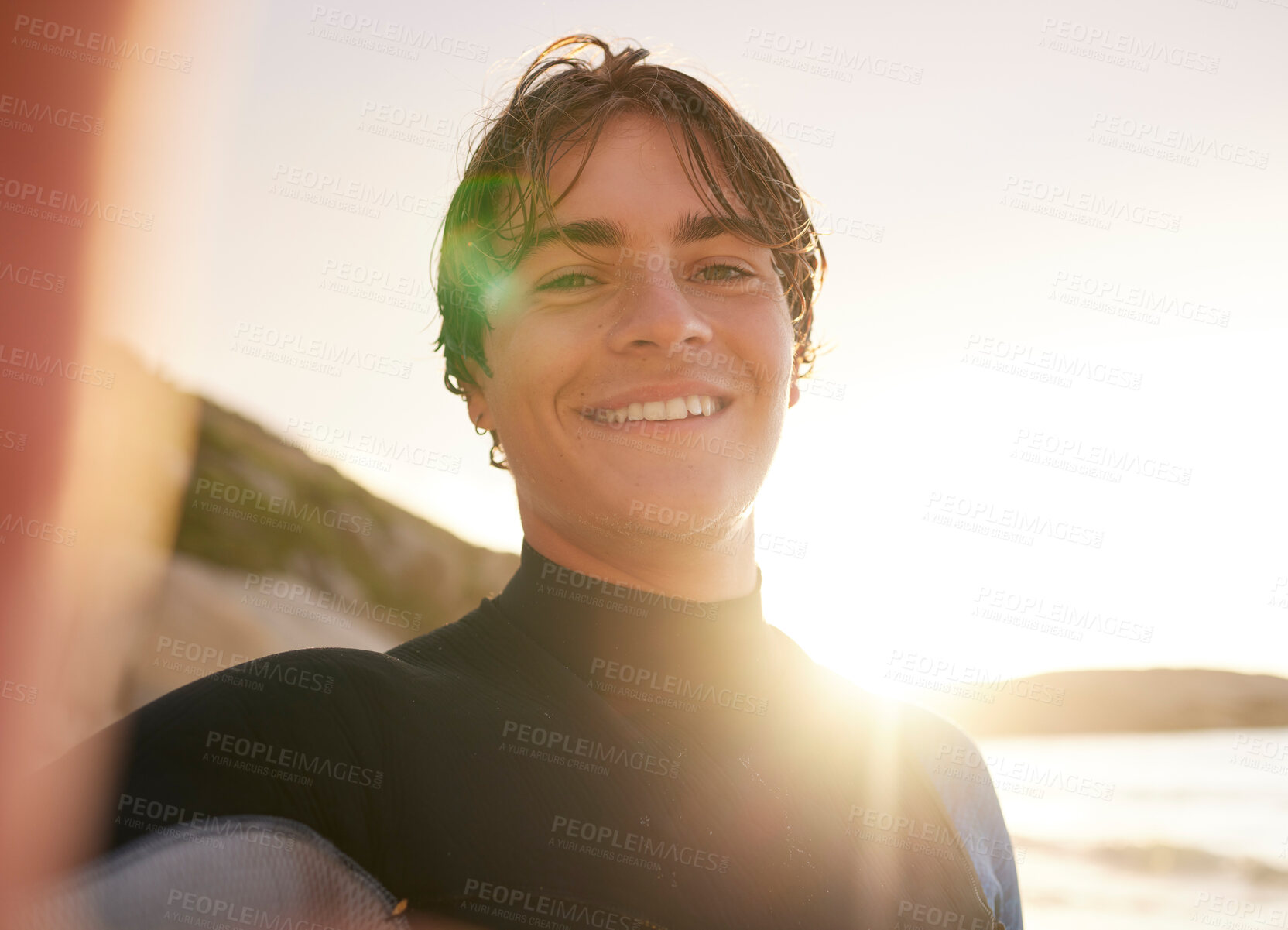 Buy stock photo Selfie, surf and beach with a sports man outdoor in nature on the sand by the sea or ocean for recreation. Portrait, face or surfing with a male athlete posing for a photograph outside in the morning