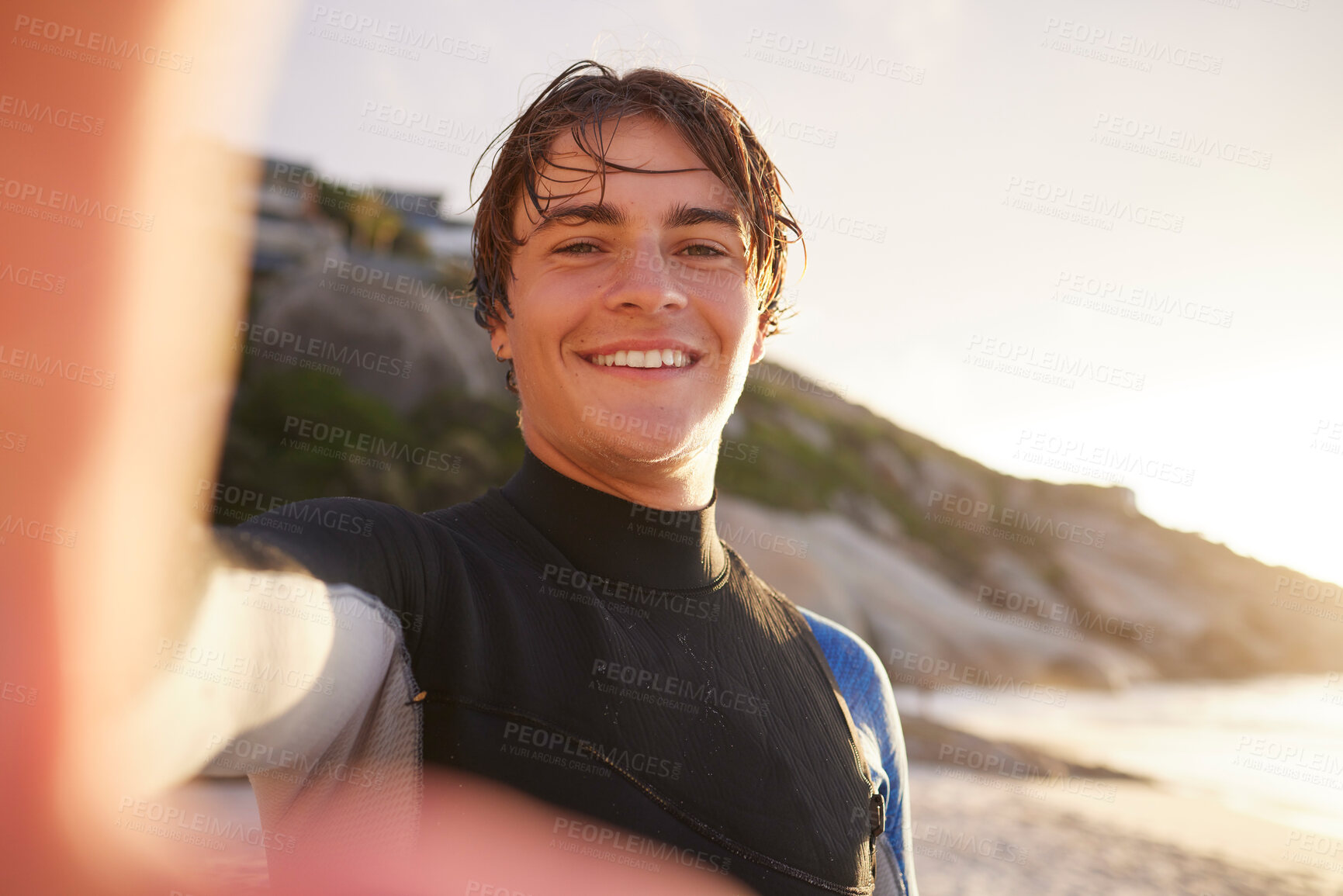 Buy stock photo Selfie, surfing and beach with a sports man outdoor in nature on the sand by the sea or ocean for recreation. Portrait, face or surf with a male athlete posing for a photograph outside in the morning