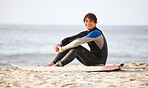 Happy, surfing and portrait of a man at the beach for water sports, happiness and holiday in Bali. Smile, training and surfer with a board for exercise, ocean break and activity on a vacation