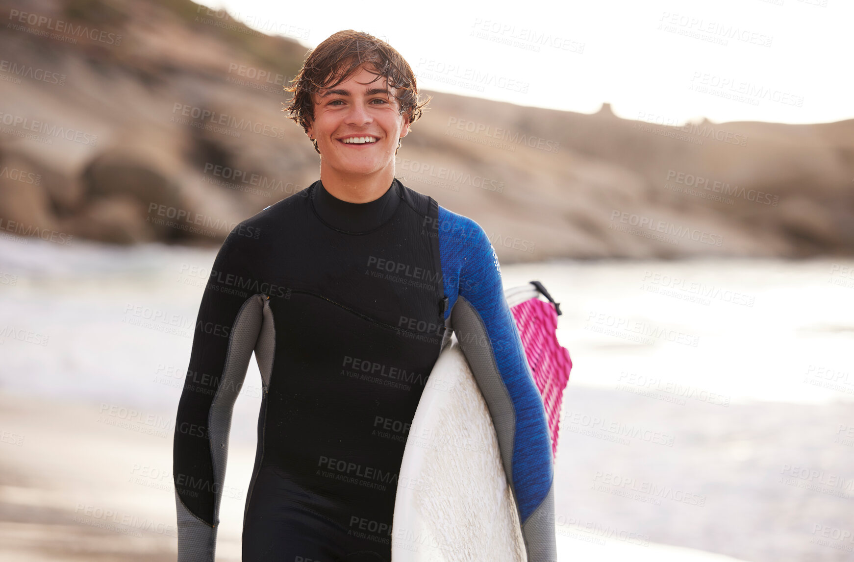 Buy stock photo Fitness, surfing and portrait of a man at the beach for water sports, happiness and holiday in Bali. Smile, training and surfer with a board for exercise, ocean break and activity on a vacation