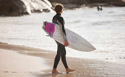 Buy stock photo Surfing on beach, man with surfboard for sport outdoor, ocean and travel with mockup space and nature. Adventure, extreme sports and athlete walking, active lifestyle with surf on sea waves in Miami