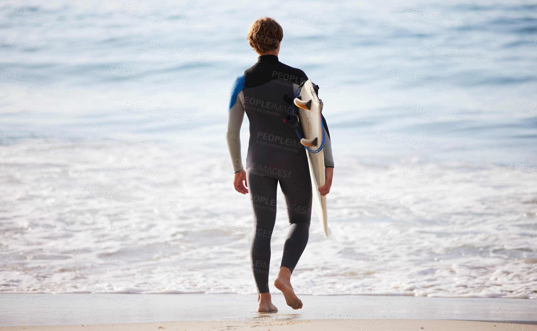 Buy stock photo Surfer on beach, man with surfboard for sports outdoor, ocean and travel with mockup space and nature. Adventure, extreme sport and athlete walk, active lifestyle and surfing in Miami with back view