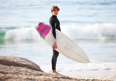 Buy stock photo Ocean, waves and man with surfboard at beach, surfer outdoor with travel and fitness with mockup space in nature. Portrait, adventure and extreme sports, active lifestyle with surfing in Hawaii