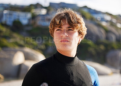 Buy stock photo Surfer, man and thinking on beach, vacation and ideas for competition, training and on weekend break. Male, guy and athlete in swimsuit, seaside holiday and practice for sport, hobby and summer trip