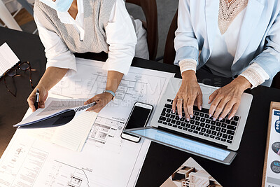 Buy stock photo Architect, blueprint or women hands on laptop for strategy planning, collaboration or consulting on floor design. Architecture, business people or teamwork for real estate property development plan