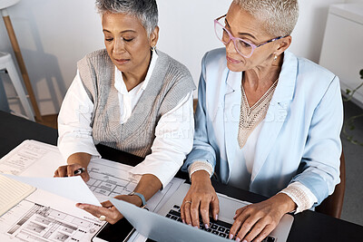 Buy stock photo Laptop, documents or collaboration with a woman architect and designer working together in the office. Computer, planning or teamwork with a female architecture professional and colleague at work