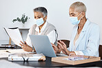 Business, women and mask for protection, laptop and data analysis with discussion, notebook or brainstorming. Corporate, female employees or coworkers with face cover for safety, covid or new project