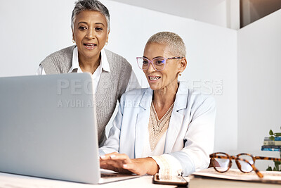 Buy stock photo Laptop, teamwork and support with a woman manager training an employee in the office at work. Computer, collaboration and help with a female coach or supervisor at an employee desk for assistance