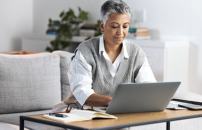 Buy stock photo Business woman, laptop and home office while typing for online communication or networking. Senior freelancer entrepreneur person with internet connection writing email, planning or website research