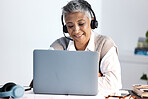 Call center, laptop and consulting with business woman talking for telemarketing, customer service and contact us. Trust, sales and crm with senior employee at help desk for technical support