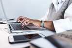 Closeup, hands and woman typing, digital planning and office for new project, deadline and schedule. Business, female employee and manager with laptop, smartphone and connection for online reading