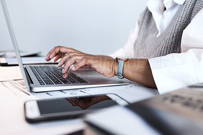 Buy stock photo Closeup, hands and woman typing, digital planning and office for new project, deadline and schedule. Business, female employee and manager with laptop, smartphone and connection for online reading