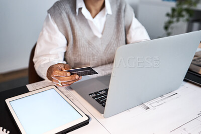 Buy stock photo Business woman, credit card and laptop for ecommerce, finance and investment with tablet mockup. Worker hands, trading and financial payment on computer data, fintech budget or digital online economy