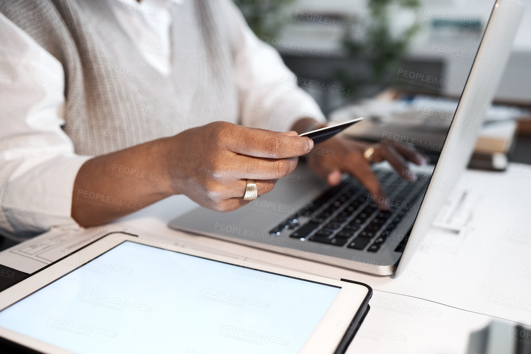 Buy stock photo Business woman, hands and credit card for laptop banking, ecommerce and financial accounting in office. Closeup of worker, online finance and computer payment for budget, fintech and digital economy