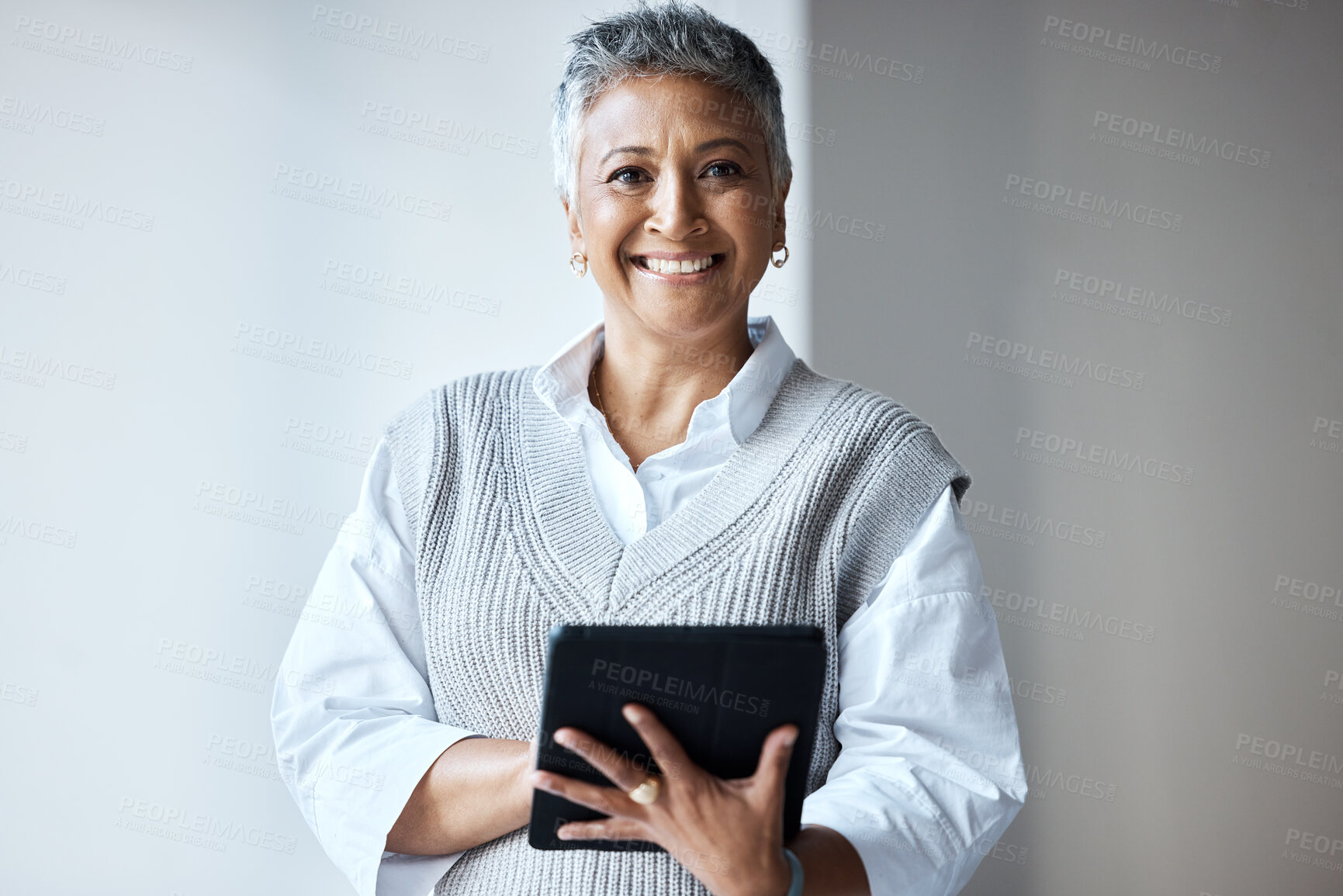 Buy stock photo Tablet, portrait and business woman in the office doing research for a corporate project. Happy, smile and professional senior female employee with a mobile device for company report in the workplace