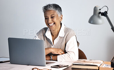 Buy stock photo Senior business woman, laptop and office desk while happy about online communication or networking. Entrepreneur person with internet connection reading funny email, planning or website research