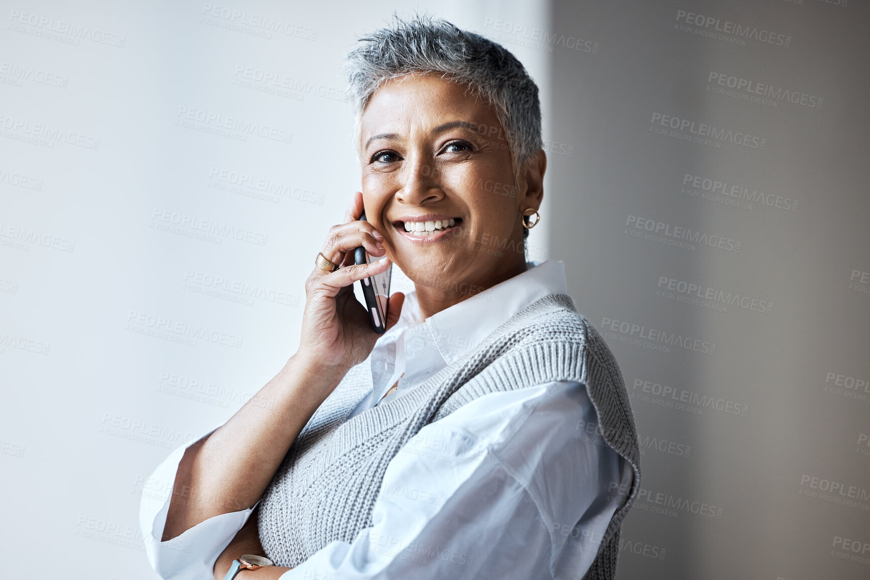 Buy stock photo Senior business woman, phone call and communication with portrait, networking and executive in virtual meeting. Smile, mockup and connection, professional person with negotiation of deal and contact