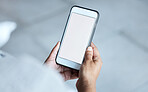 Mockup, branding and hands of an employee with a phone for social media and work contact. Website, connection and business worker reading on a blank mobile for an app, internet and chat online