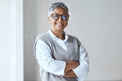 Buy stock photo Portrait, senior and consultant or business woman confident, proud and positive mindset in a home, house or apartment. Happy, calm and proud elderly female with a vision, mission and motivation 