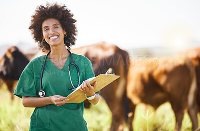 Buy stock photo Vet doctor or black woman with cattle farming, agriculture or food industry for healthcare check, inspection and portrait. Professional african person or animal expert with cow paperwork or checklist