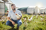 Man on farm, chicken and agriculture with smile in portrait, poultry livestock with sustainability and organic with free range. Happiness, farming and environment, animal and farmer is outdoor