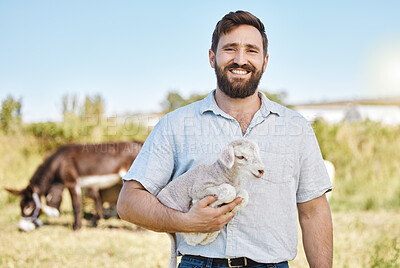 Buy stock photo Farmer, portrait or baby lamb on livestock agriculture, countryside environment or nature in sheep growth management. Happy, farming or man and mutton animals, pet safety or veterinary life insurance