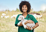 Farm , portrait and woman holding sheep on livestock field for medical animal checkup. Happy, smile and female vet doctor doing consultation on lamb in agro, sustainable and agriculture countryside.