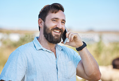 Buy stock photo Farmer, phone call and man planning for sustainability farm outdoors happy, smile and excited by discussion. Worker, employee and mobile conversation of strategy and talking agriculture