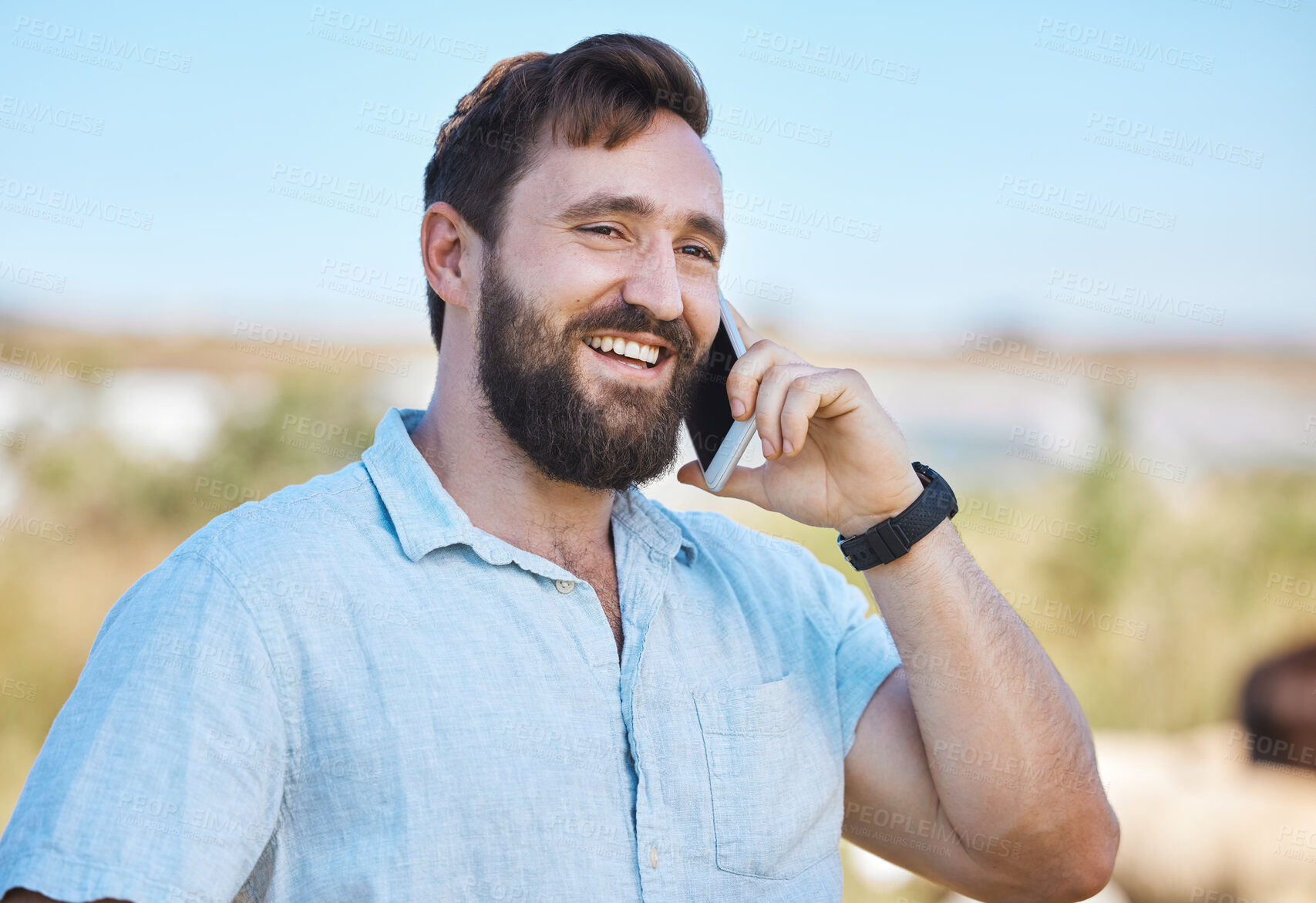 Buy stock photo Farmer, phone call and man planning for sustainability farm outdoors happy, smile and excited by discussion. Worker, employee and mobile conversation of strategy and talking agriculture