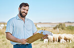 Farmer, portrait or clipboard paper on livestock agriculture, countryside environment or nature in sheep growth management. Happy man, farming or worker and documents for animals healthcare insurance