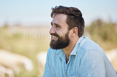 Buy stock photo Man, face or farmer on livestock agriculture, sustainability environment or nature land with ideas, vision or animals growth hope. Smile, happy or thinking farming worker in veterinary life insurance