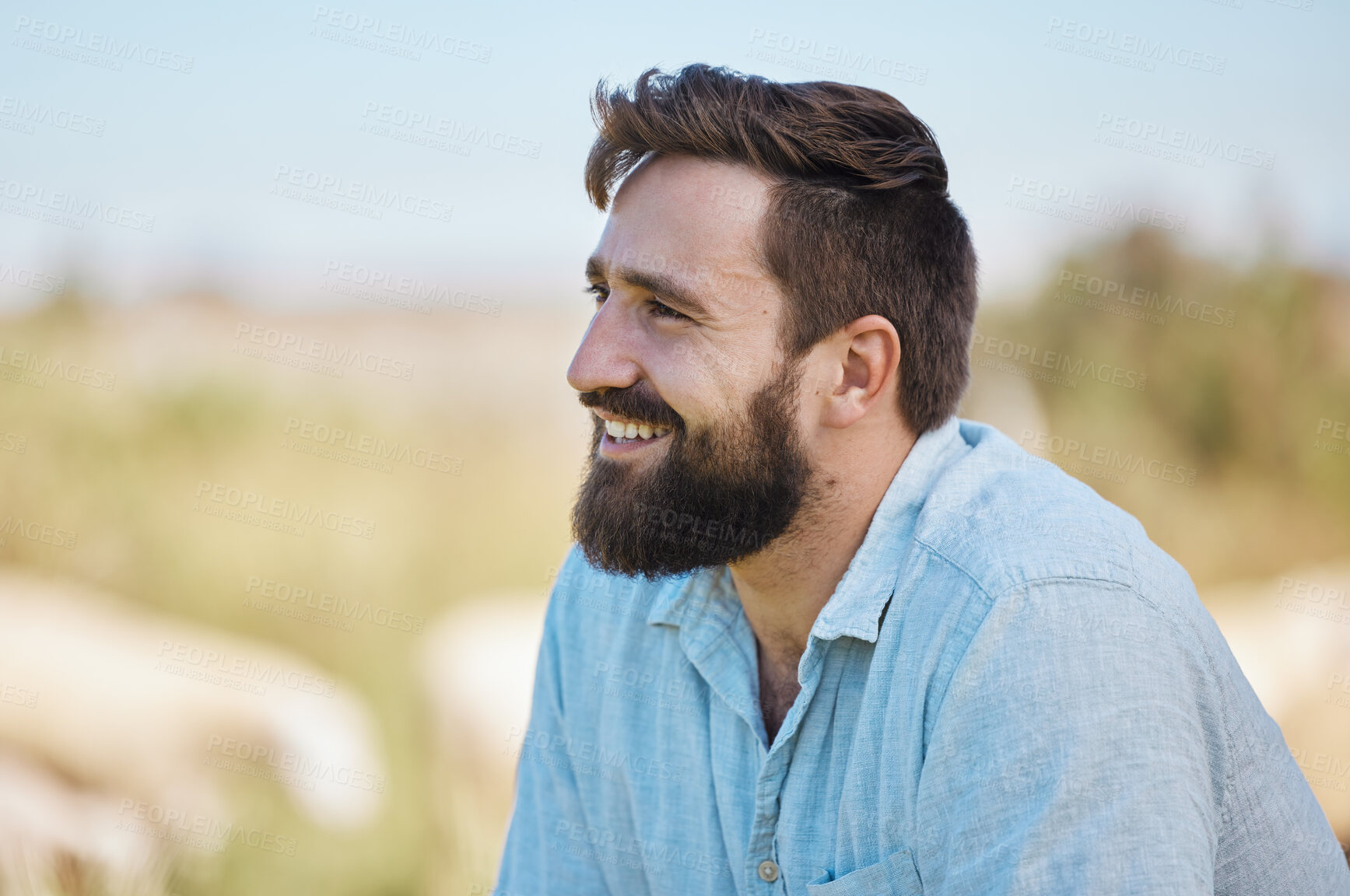 Buy stock photo Man, face or farmer on livestock agriculture, sustainability environment or nature land with ideas, vision or animals growth hope. Smile, happy or thinking farming worker in veterinary life insurance